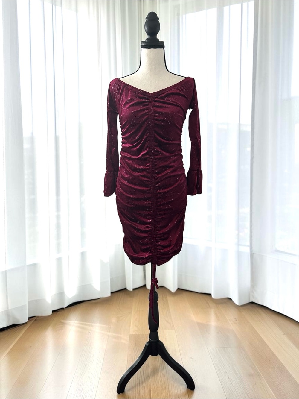 NIP Glitter Ruched Bell Sleeve Bodycon On/Off Shoulder Mini Dress Plum Medium